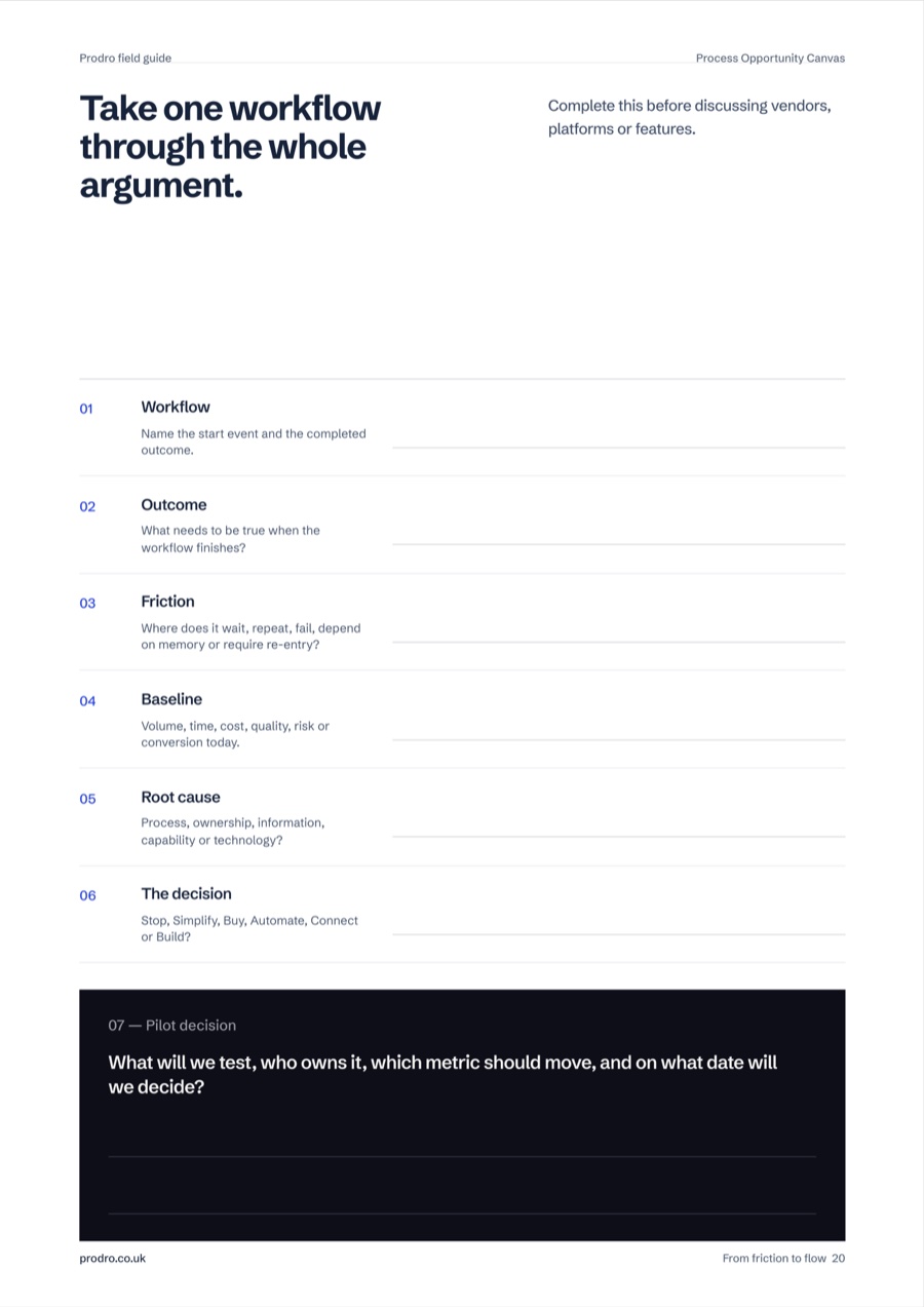 Page 20 of the guide: the Process Opportunity Canvas, seven boxes that take one workflow from its name to a pilot decision.