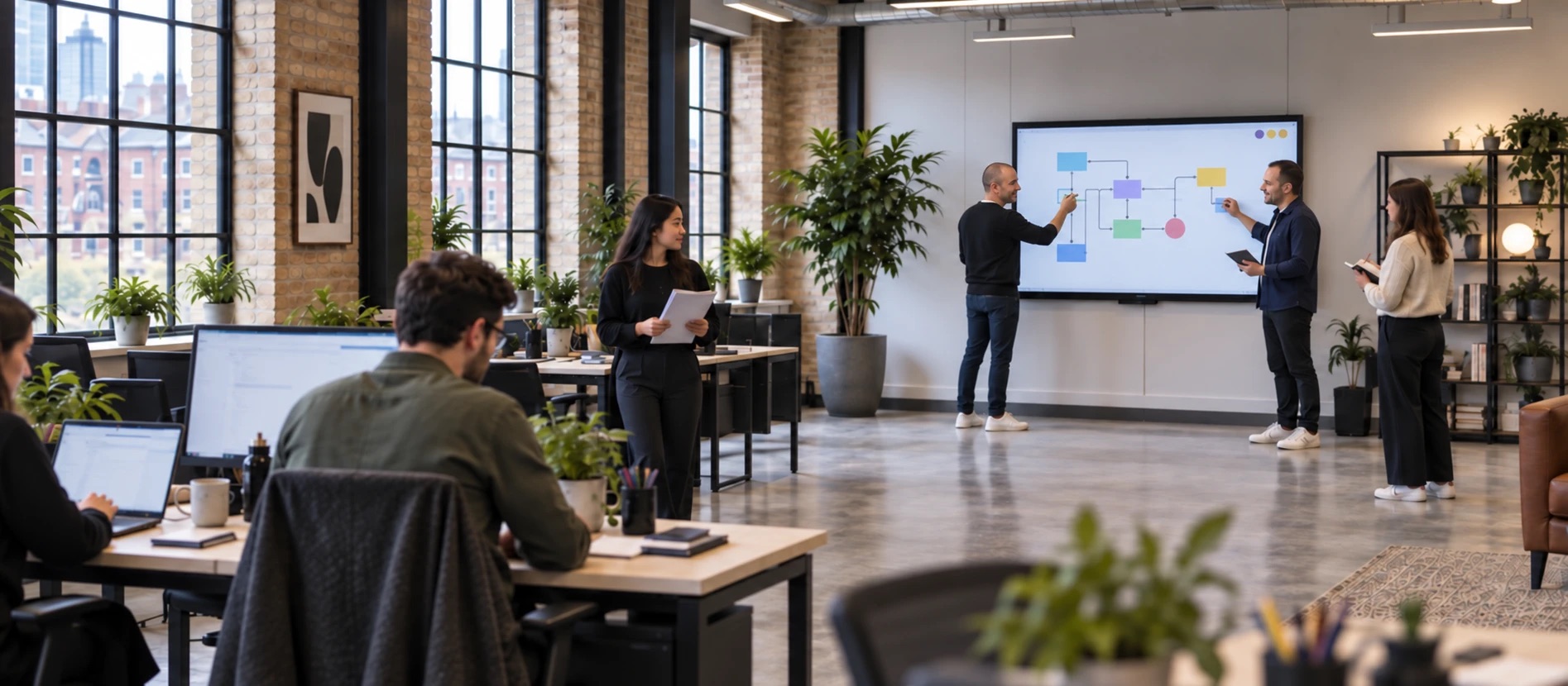 An open-plan office: two people mapping a process on a wall screen while a colleague takes notes, and others working at their desks.
