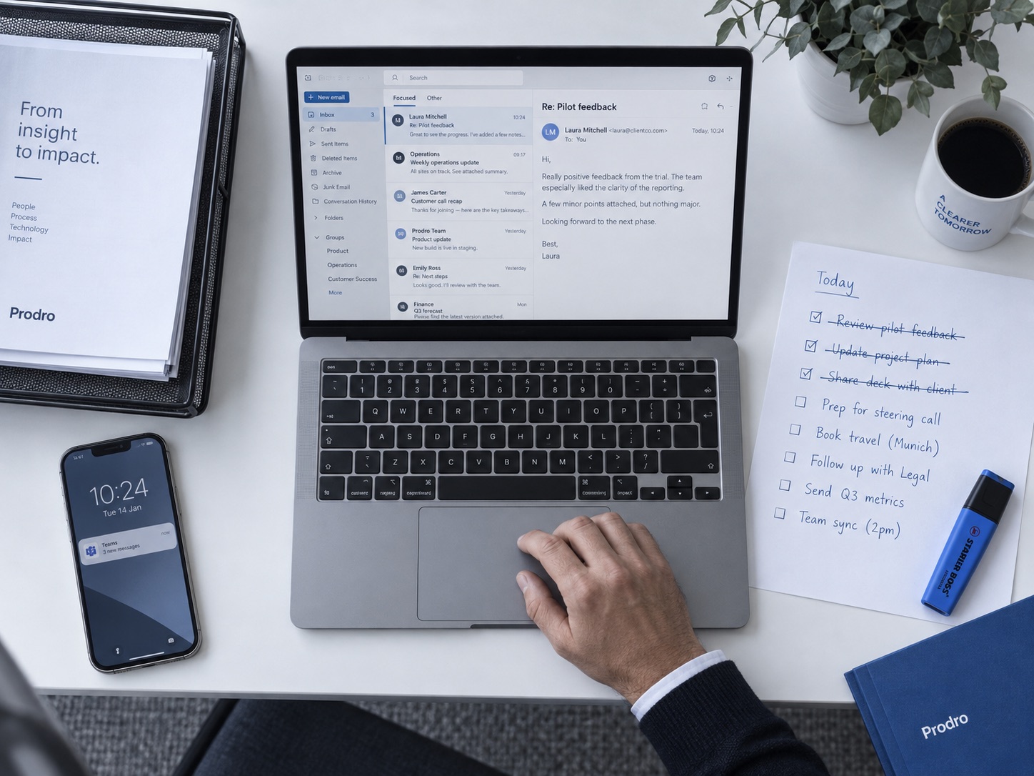 A desk from above: a laptop with an inbox open, a phone, a to-do list with three items crossed out, and a Prodro notebook.